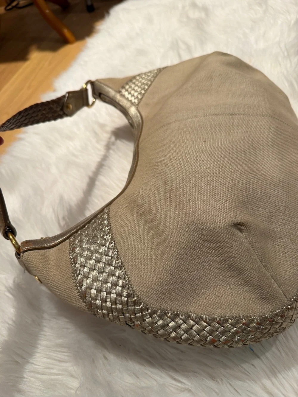 Yves Saint Laurent Metallic Woven Canvas Hobo Shoulder Bag